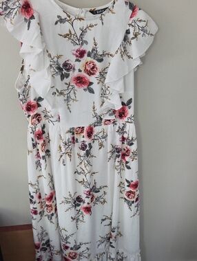 SHEIN White Floral Ruffle Maxi Dress with Pink Rose Print